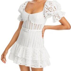 Charro Ruiz Jean White Eyelet Belted Ruffle Mini Dress Large